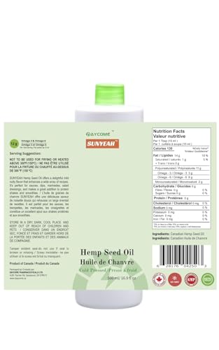SUNYEAH Cold Pressed Hemp Seed Oil, 500 ml, Canadian, High in Omega 3 & 6, Keto Friendly