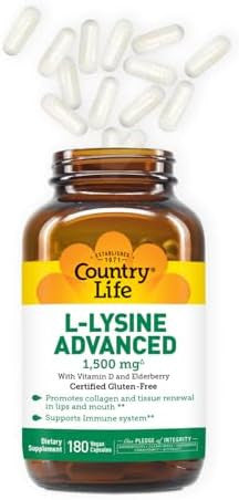 Country Life L-Lysine 1500Mg Capsules With Vitamin D & Elderberry ÃƒÂ¢Ã¢â€šÂ¬Ã¢â‚¬Å“ Advanced Immune Support And Collagen Renewal ÃƒÂ¢Ã¢â€šÂ¬Ã¢â‚¬Å“ Certified Gluten-& Vegan ÃƒÂ¢Ã¢â€šÂ¬Ã¢â‚¬Å“ 180 Capsules