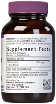 Bluebonnet Nutrition Lglutamine 500Mg Supports Immune Function Nitrogen Transporter Soy & Gluten Nongmo Kosher Vegan 50 Vegetable Capsules White 50 Count