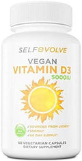 Selfevolve Vegan Vitamin D3 5000 IU Supplement - Pure High Potency D3 Vitamin 5000 IU Supplements for Immune Health & Strong Bones Support - 120 Capsules Providing a 2-Month Supply of Vit D3