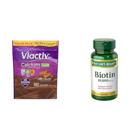 Viactiv Calcium Plus Vitamin D Supplement Soft Chews Brown Milk Chocolate and Nature's Bounty Biotin Supports Healthy Hair Skin and Nails 10000 mcg Rapid Release Softgels 180 Count