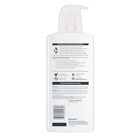 Eucerin Baby Unscented Baby Shampoo And Body Wash Hypoallergenic Tear Free Shampoo And Wash With Pro-Vitamin B5 And Shea Butter 13.5 Fl Oz Bottle 3 Pack