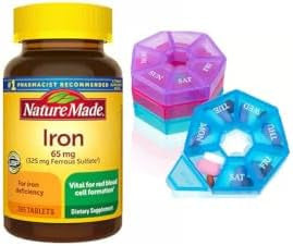 Nature Made Iron 65 Mg (325 Mg Ferrous Sulfate) Tablets, Dietary Supplement For Red Blood Cell Support, 365 Tablets, 365 Day Supply Bunde With Weekly Pill Organizer