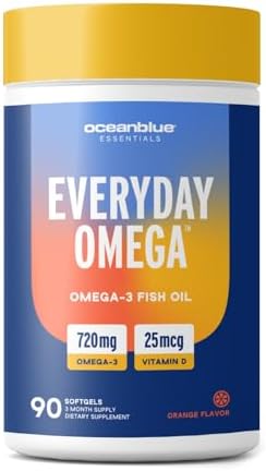 Oceanblue Essentials Everyday Omega Minis Burpless Fish Oil With Vitamin D3 Heart And Immune Support Easy To Swallow Mini Softgels Orange Flavor 3 Month Supply (180 Count Minicap)