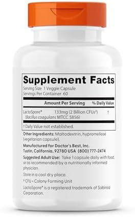 Doctor'S Best Digestive Health Probiotic 2 Billion With Lactospore Nongmo Vegan Gluten Soy 60 Veggie Caps (Drb00464)