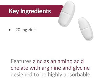 Bariatric Advantage Non Chewable Zinc Chelate, Highly Absorbable 20 Mg Zinc Arginine And Zinc Glycine Tablets For Bariatric Surgery Patients - 180 Tablets