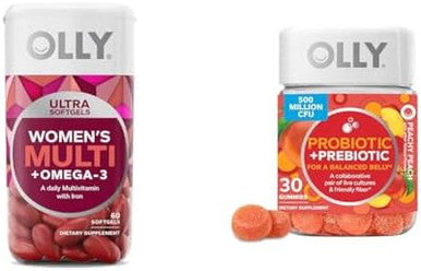 Olly Ultra Women'S Multi Softgels & Probiotic + Prebiotic Gummy Digestive Support And Gut Health 500 Million Cfus Fiber Adult Chewable Supplement For Men And Women Peach 30 Day Supply 30 Count