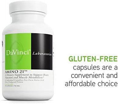 Davinci Labs Amino 21 Supports Brain Function & Muscle Metabolism Amino Acid Dietary Supplement With Lglutamine Llysine Hcl Tyrosine Larginine And More Gluten 90 Capsules 750 Mg