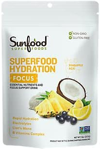 Sunfood Superfoods Hydration Electrolyte Powder Drink Mix | 8 Oz. Bag 20 Servings | Coconut Water Pink Himalayan Salt Lemon & Pineapple Juice Mix | Lion'S Mane & B-Vitamin Complex