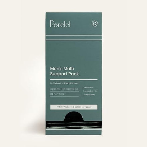 Perelel Men's Multi Support Pack Daily Multivitamin with Magnesium Omega 3 CoQ10 and Folate Nutritional Support for Men's Wellness Soy and Gluten Non GMO 30 Daily Pill Packs