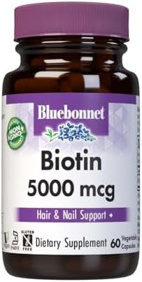 Bluebonnet Nutrition Biotin 5000 Mcg Hair & Nail Support Nongmo Vegan Kosher Gluten Soy Dairy 60 Vegetable Capsules 60 Servings