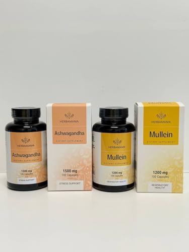 Herbamama Ashwagandha And Mullein Kit - Bundle Of 1500 Mg Ashwagandha Root & 1200 Mg Mullein Leaf Capsules 100 Caps - Vegan Non-Gmo Sugar & Alcohol- - 2 Pack