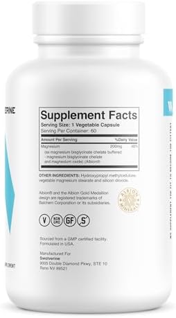 Swolverine Magnesium Bisglycinate 200mg TRAACS Chelated Magnesium from Albion Highly Absorbable Gentle on Stomach (60 Servings (Pack of 1))