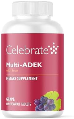 Celebrate Vitamins Multi Adek Chewables, 60Mg Iron - Daily Bariatric Multivitamin, Vitamins A, D, E, K & B12 For Duodenal Switch Surgery Patients - Grape (60 Tablets)