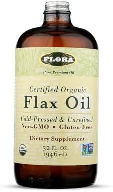 Flora Flax Oil Coldpressed Unrefined Organic Flax Seed Oil Contains Omega3 & Omega6 Nongmo & Gluten Keep Chilled 32 Fl. Oz. Amber Glass Bottle