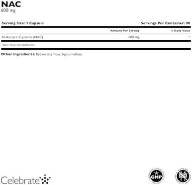 Celebrate Vitamins Nac (N-Acetyl Cysteine) Supplement, 600Mg Per Capsule, Gluten , Non-Gmo, 90 Capsules
