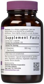 Bluebonnet Nutrition Lglutamine 500Mg Supports Immune Function Nitrogen Transporter Soy Gluten Nongmo Kosher Vegan 100 Vegetable Capsules 100 Servings