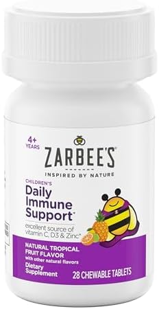 Zarbee's Kids Immune Support Vitamin C D and Zinc Daily Immunity Vitamins for Children 4+ Years Natural Tropical Fruit Flavor 28 Chewable Tablets