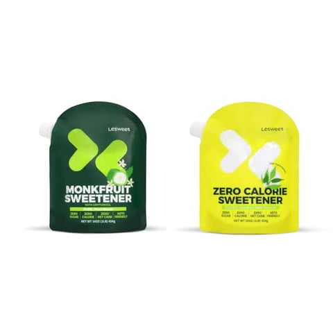 Lesweet Monk Fruit Sweetener 16 oz and Lesweet Classic Zero Calorie Sweetener, Erythritol Sweetener with Stevia Extract 16 oz