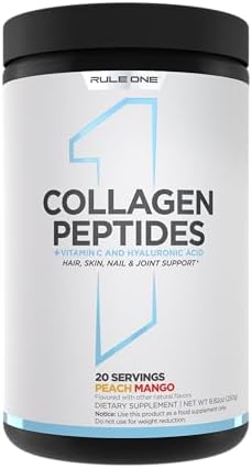 Rule 1 Proteins Collagen Peptides Powder Hydrolyzed Bovine Collagen Hyaluronic Acid And Vitamin C. Supports Hair Skin & Nails (20 Servings Peach Mango)