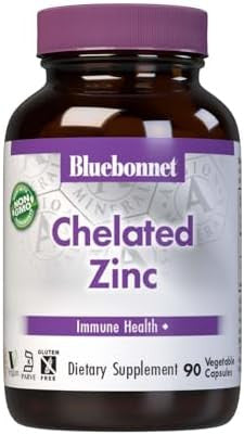 Bluebonnet Nutrition Albion Chelated Zinc For Immune Health & Enzyme Function Soy Gluten Nongmo Kosher Dairy Vegan 90 Vegetable Capsules 90 Servings