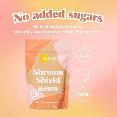 Golde Shroom Shield - Plant Based Superfood Blend W/Turkey Tail Mushroom & Reishi Mushroom Extract - Stress Defense - Antioxidants & Prebiotics - Vegan, Keto, & Sugar- Hot Cocoa - 30 Servings