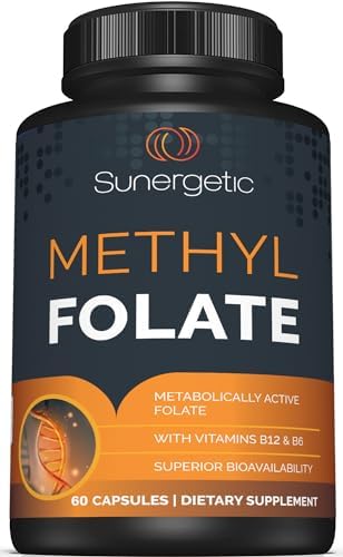 Sunergetic Premium Methyl Folate Supplement with Methylated Vitamin B12 and Vitamin B6 Metabolically Active Folate as Magnafolate Methylfolate 400 mcg per Capsule 60 Capsules