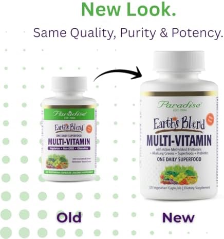 Paradise Herbs Earth's Blend Once Daily Multivitamin with Iron 48 Organic Superfoods Probiotics Antioxidants Vitamins A B12 C D K2 120 Capsules
