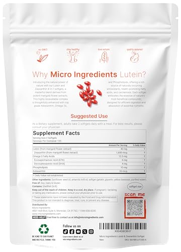 Micro Ingredients Lutein & Zeaxanthin 40Mg Softgels 240 Count With Astaxanthin Omega-3S & Phospholipids Eye Vision Health Vitamins Third Party Tested Non-Gmo Gluten Free
