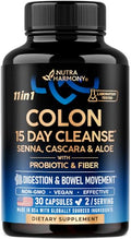 Nutraharmony Colon Cleanse - 15 Day Cleanse For Women & Men - Senna Cascara Garcinia Cambogia Probiotics & Fiber - Digestion & Detox - Debloating & Bowel Movement - Natural & Vegan - Made In Usa 30 Capsules