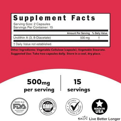 Nutri Urolithin A Supplement 500Mg - Powerful Nad+ Boost, Antioxidant, Cell Repair - 3Rd Party Tested - 500 Mg Urolithin A - 30 Vegan Capsules 2 Week+ Supply - More Effective Pomegranate Supplement