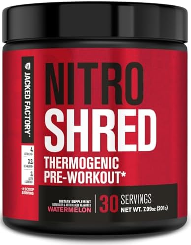 Jacked Factory Nitrosurge Shred Pre Workout Supplement Energy Booster Instant Strength Gains Sharp Focus Powerful Pumps Nitric Oxide Booster & Preworkout Powder 30Sv Fruit Punch