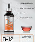 Horbaach B12 Vitamin 5000 mcg Sublingual 4 Fl Oz as Methylcobalamin and Cyanocobalamin Liquid Vegetarian Drops Berry Flavor NonGMO and Gluten Free Supplement
