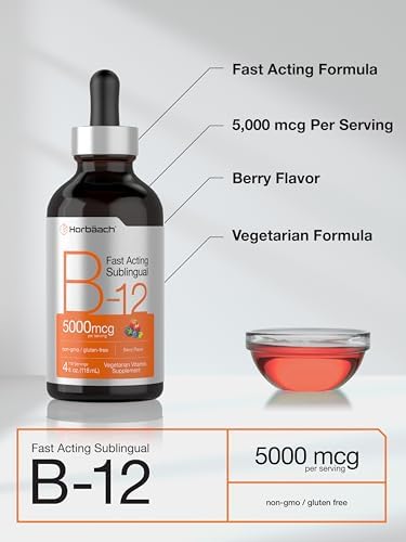 Horbaach B12 Vitamin 5000 mcg Sublingual 4 Fl Oz as Methylcobalamin and Cyanocobalamin Liquid Vegetarian Drops Berry Flavor NonGMO and Gluten Free Supplement