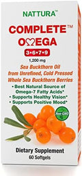 Nattura Complete Omega 3-6-7-9 Pure Sea Buckthorn Oil European Quality from Unrefined Cold Pressed Whole Sea Buckthorn Wild Berries - Non-GMO Certified Kosher Gluten- Capsules