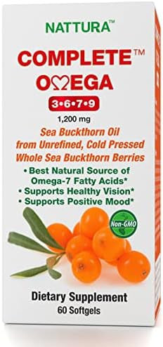 Nattura Complete Omega 3-6-7-9 Pure Sea Buckthorn Oil European Quality from Unrefined Cold Pressed Whole Sea Buckthorn Wild Berries - Non-GMO Certified Kosher Gluten- Capsules