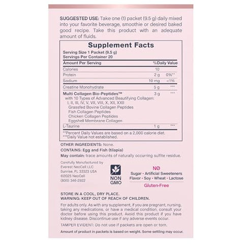 Neocell Creatine Collagen Powder 20 Stick Packs With Multi Collagen Peptides Plus L-Taurine Unflavored Hair Skin And Nails Supplement