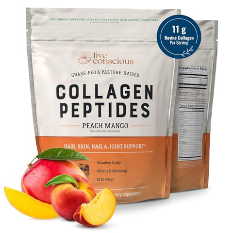 Live Conscious Beyond Greens & Collagen Peptides Peach Mango Mushroom Coffee Alternative Low Caffeine Hair Skin Nail And Joint Support