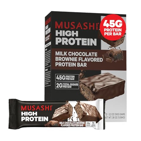 Musashi High Protein Bar 45G Protein 2G Total Sugars Milk Chocolate Brownie Post Workout And Protein Snack On The Go 12 Pack Of 3.2Oz (90G) Bars