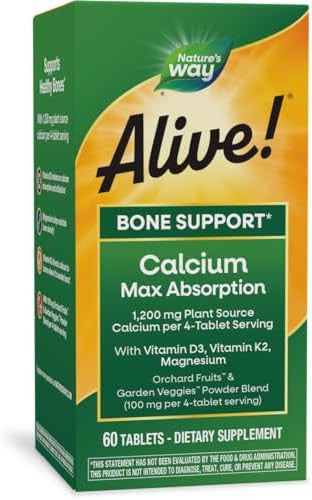 Nature'S Way Alive Calcium Max Absorption, Bone Support, Plant Source Calcium, Vitamin D3 & K2, Magnesium, 120 Tablets (Packaging May Vary)