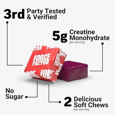 Force Factor Legendary Creatine Chews 5G Creatine Monohydrate Build Muscle Improve Strength & Recovery Support Memory & Cognitive Function Sugar Berry Blast 60 Soft Chews