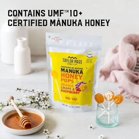 Taylor Pass Honey Co MÃ„Ânuka Honey Pops UMFÃ¢â€žÂ¢ 10+ | Manuka On-the-Go Lollipops for Kids & Adults | Sore Throat & Immune Support | 13 Individually Wrapped | Orange, Grape, Raspberry | Made in New Zealand