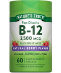 Nature's Truth B12 Vitamin 60 Fast Dissolve Tablets 2500 mcg with Folic Acid Vegan NonGMO and Gluten Free with Folic Acid Vegan NonGMO and Gluten Free