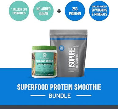 Isopure Build Your Smoothie Power Bundle Zero Carb Creamy Vanilla Protein Powder (15 Servings) And Amazing Grass Greens Blend Detox & Digest (30 Servings)