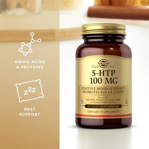 Solgar 5Htp 100 Mg 90 Vegetable Capsules Promotes Relaxation NonGmo Vegan Kosher and Gluten 90 Servings