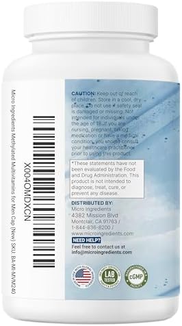 Micro Ingredients Pure Methylated Multivitamin For Men 240 Capsules 30 Essential Nutrients With Activated B Complex and Methylfolate + Saw Palmetto Ginseng Maca Lycopene Vitamin D3 and Zinc