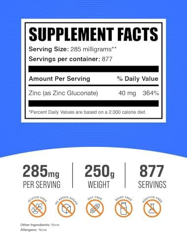 Bulksupplements.Com Zinc Gluconate Powder - Zinc 40Mg, Zinc Powder - Zinc Supplement For Immune Support - Gluten Free, 285Mg Per Serving, 500G (1.1 Lbs) (Pack Of 1)