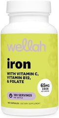 Wellah Iron Supplement For Women (65Mg) 180 Capsules With Vitamin C Vitamin B12 and Folate
