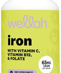 Wellah Iron Supplement For Women (65Mg) 180 Capsules - With Vitamin C Vitamin B12 & Folate