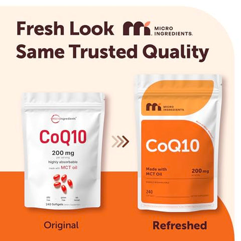 Micro Ingredients Coq10 200Mg Per Serving 240 Softgels Made With Coconut Mct Oil Coenzyme Q10 (Ubiquinone) Non-Gmo
